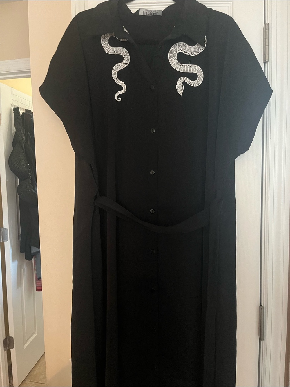 Disturbia Black Button-Front Shirt Dress with Snake Embroidery